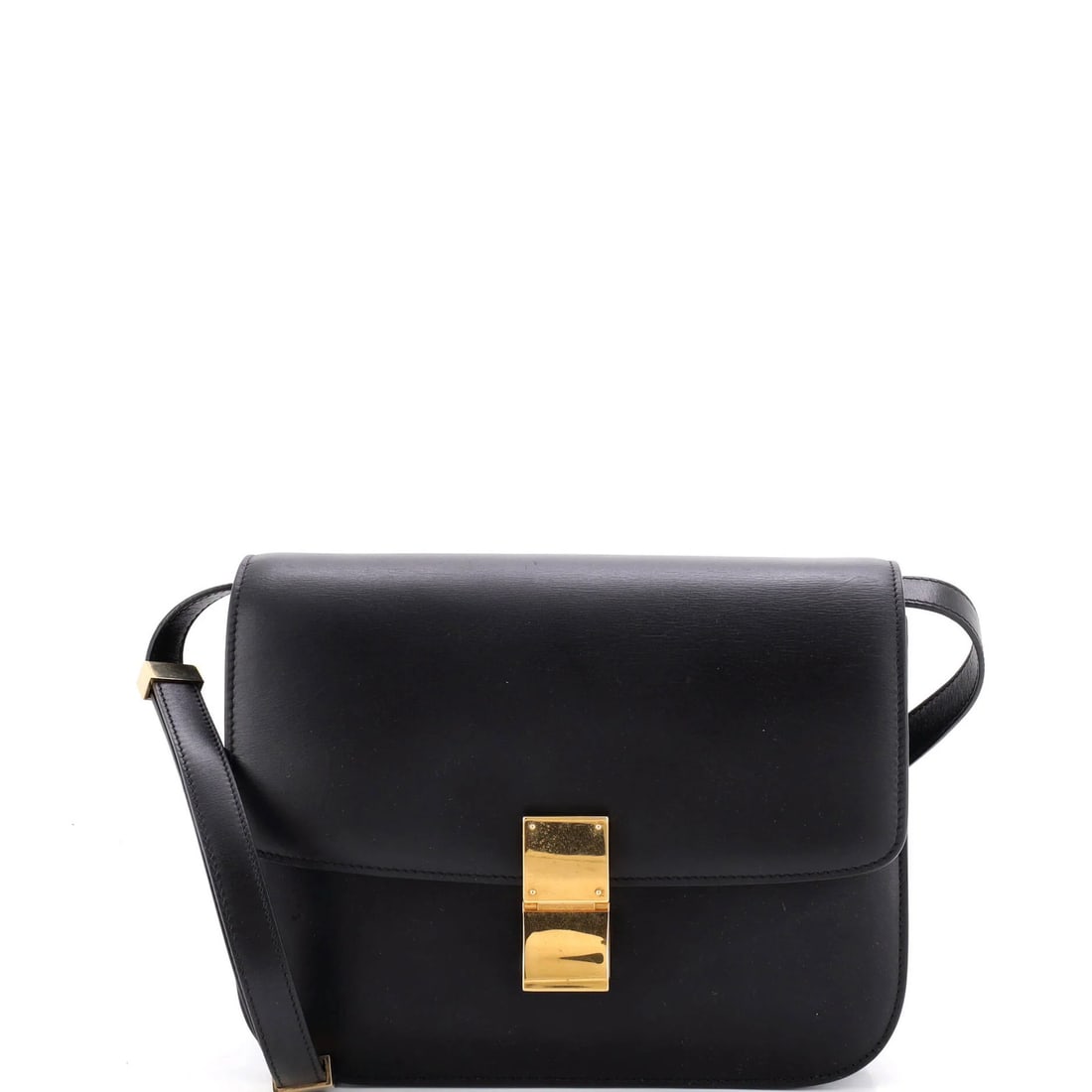Smooth Leather Bag Box Classic Medium Celine: Smooth Leather Bag Box Classic Medium Celine Smooth leather exterior, black interior, and gold hardware define this Classic Box Bag from Celine. Minor scuffs, creases, and cracking on the exterior,