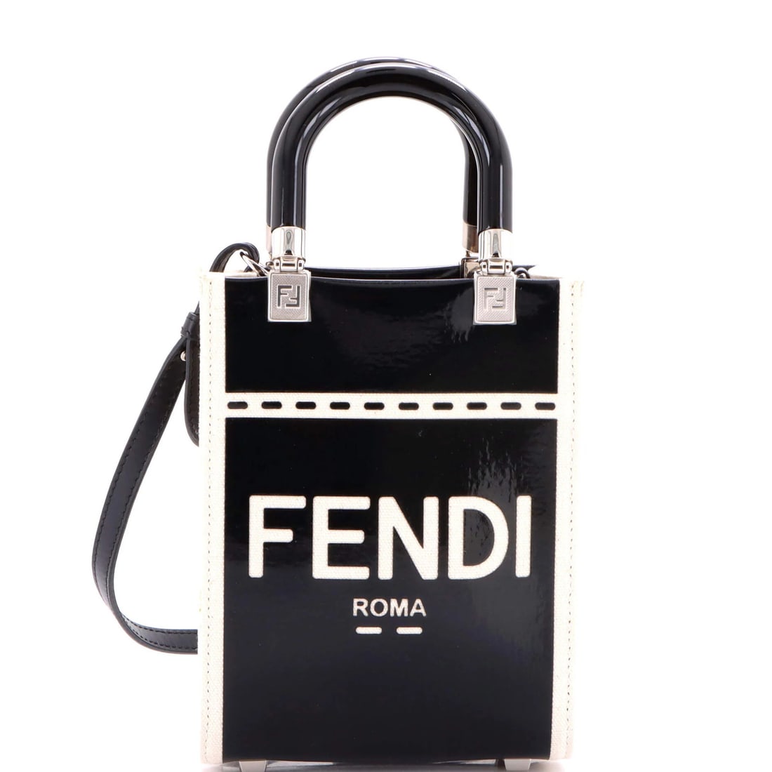 Fendi Sunshine Shopper Tote Patent Canvas Mini: Fendi Sunshine Shopper Tote Patent Canvas Mini Black canvas and patent vinyl mini cross body bag with silver hardware, featuring a neutral interior and minor scuffs on the exterior. The Sunshine