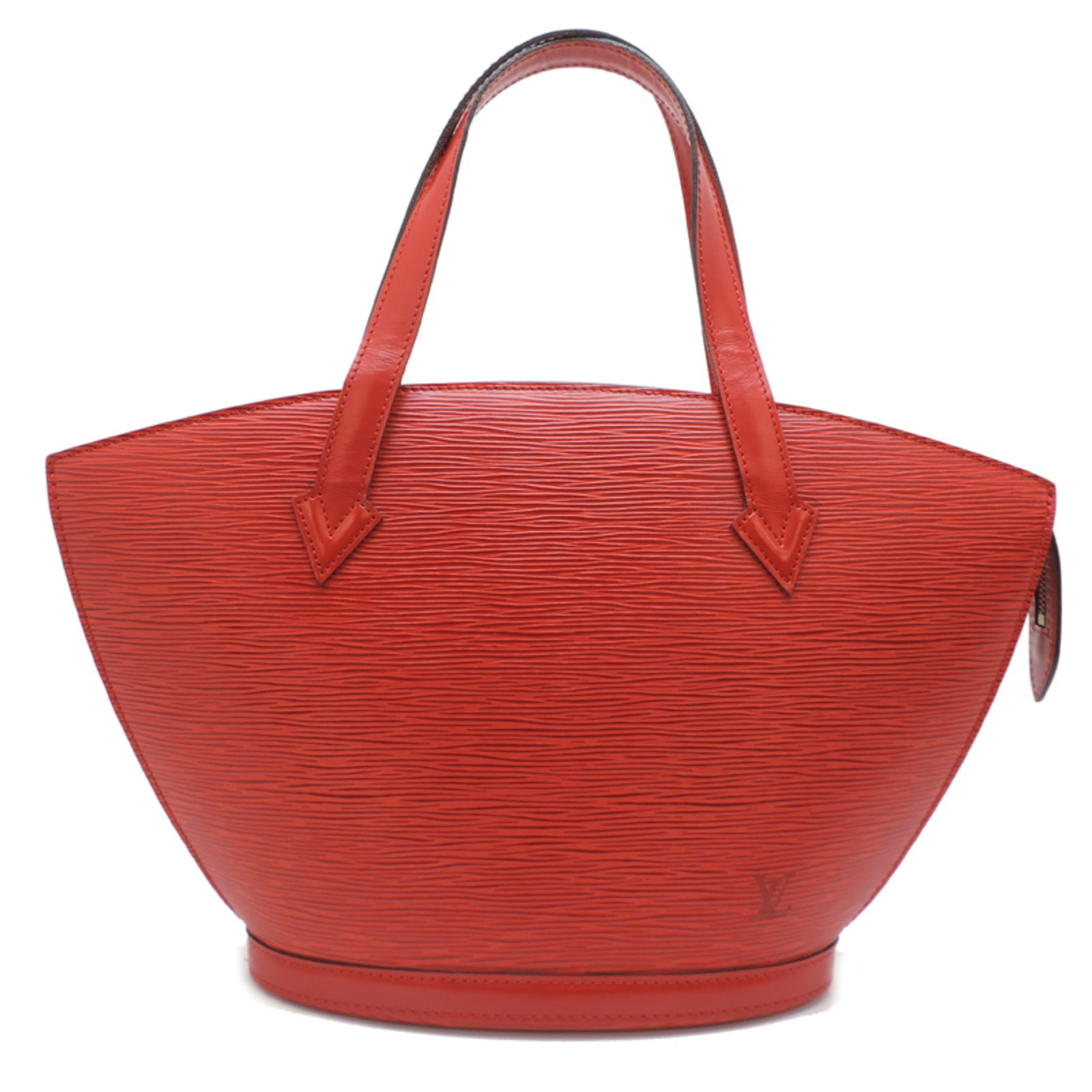 Epi Leather Louis Vuitton Handbag: Epi Leather Louis Vuitton Handbag Epi leather Louis Vuitton handbag in Castilian red, measuring 23cm x 37cm x 9.5cm, features a classic design with a timeless look. The Epi leather material provides