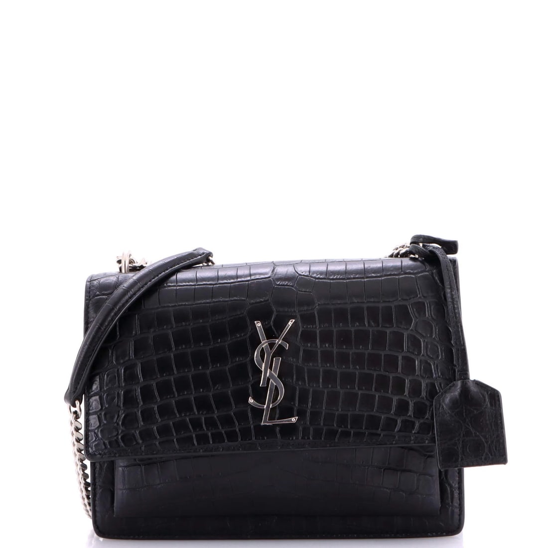 Laurent Saint Crocodile Embossed Leather Medium Crossbody Bag: Laurent Saint Crocodile Embossed Leather Medium Crossbody Bag Black crocodile embossed leather medium crossbody bag with silver hardware, featuring suede interior and minor scuffs on exterior and
