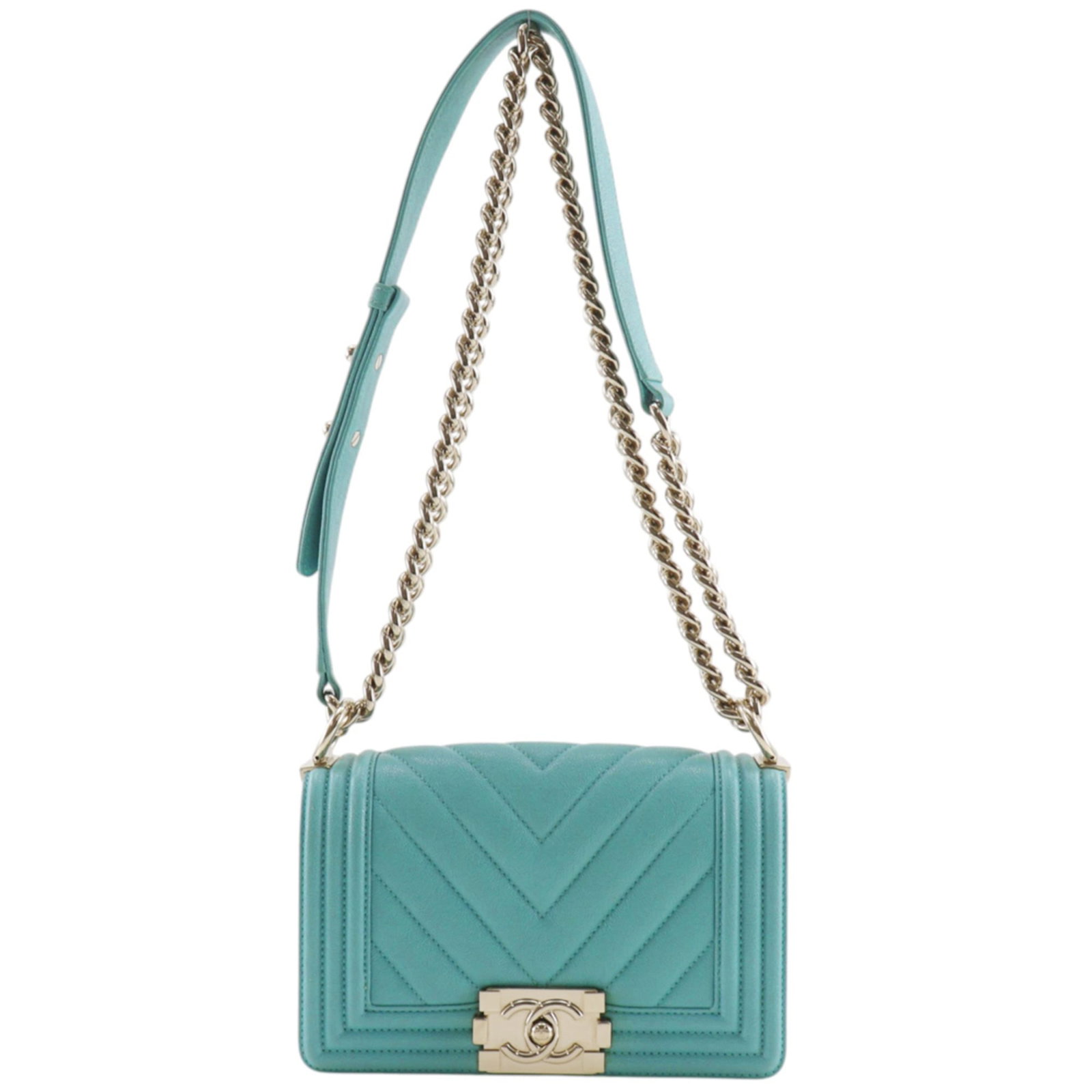 Calfskin Grained Chanel Bag Shoulder: Calfskin Grained Chanel Bag Shoulder Grained Calfskin Chanel Bag Shoulder in Green. This Boy Chanel shoulder bag features a striking green color and a sturdy grained calfskin material, with a classic 