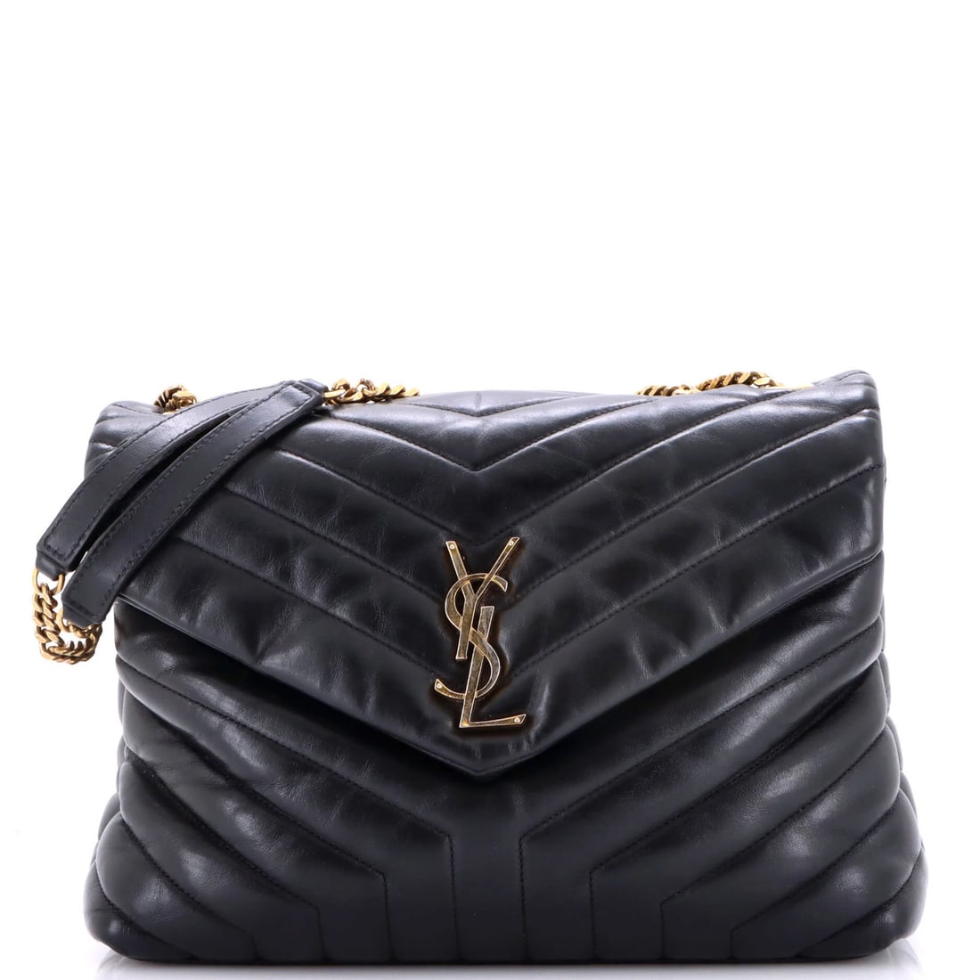 Loulou Medium Leather Bag Matelasse Chevron Shoulder Saint Laurent: Loulou Medium Leather Bag Matelasse Chevron Shoulder Saint Laurent Black leather Loulou shoulder bag with matelasse chevron pattern, featuring a medium size and gold hardware. The bag has a fair condi