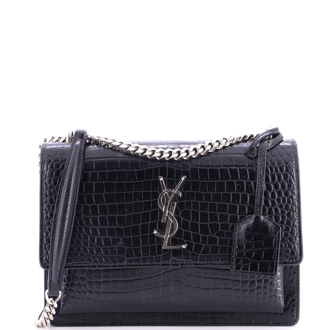Laurent Saint Crocodile Embossed Leather Medium Crossbody Bag: Laurent Saint Crocodile Embossed Leather Medium Crossbody Bag Black crocodile embossed leather medium crossbody bag with silver hardware, featuring suede interior and minor scuffs on exterior and hand