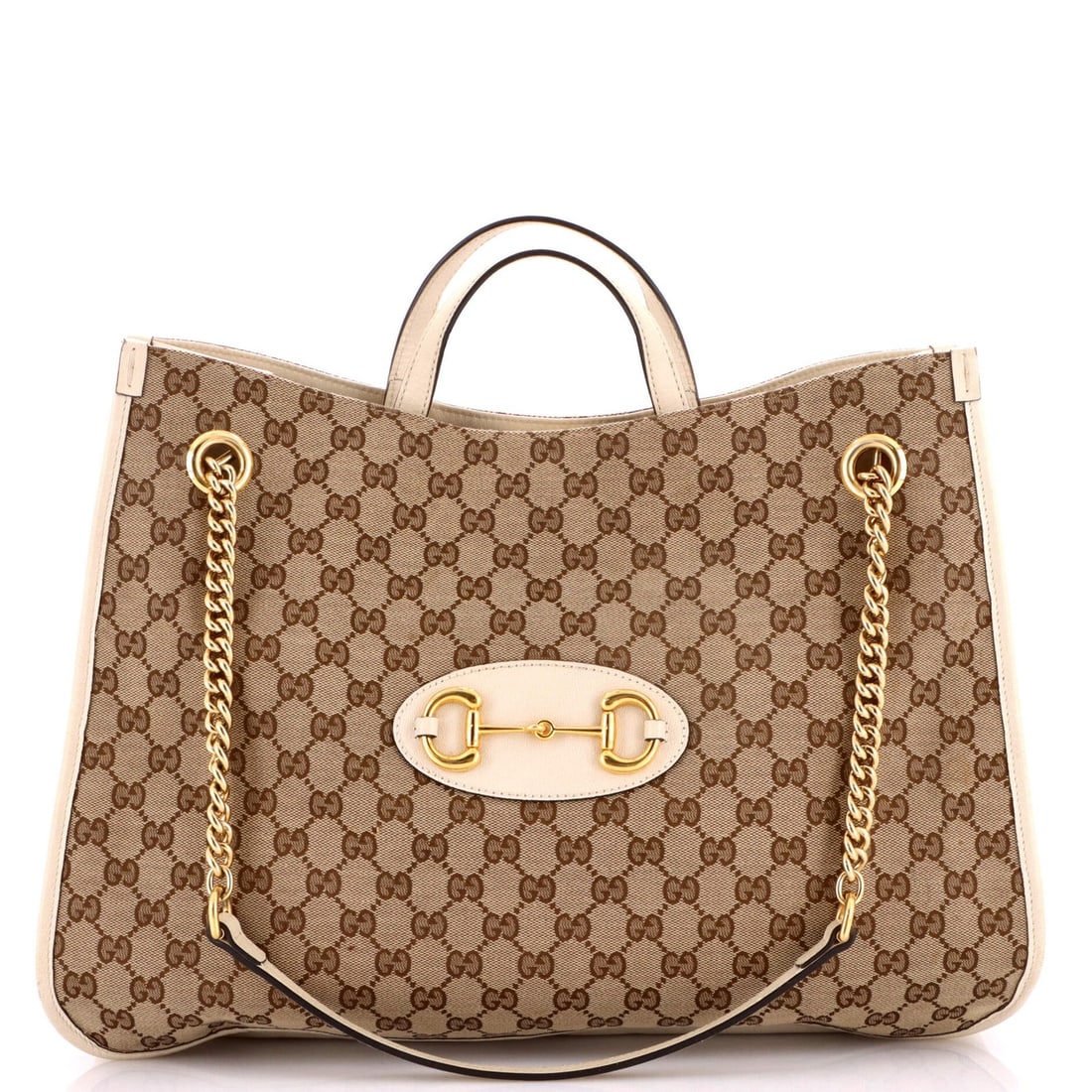Horsebit 1955 Chain Tote Large Canvas Leather GG Gucci: Horsebit 1955 Chain Tote Large Canvas Leather GG Gucci The Horsebit 1955 Chain Tote features a classic design with a neutral brown exterior, complemented by a canvas and leather combination. Measuring