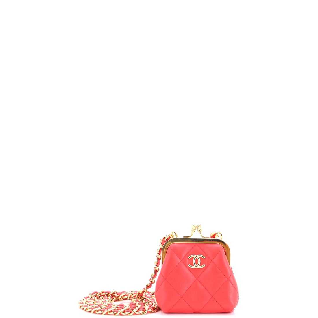 Kiss Lock Clutch With Quilted Lambskin Chain Mini Chanel: Kiss Lock Clutch With Quilted Lambskin Chain Mini Chanel This mini Chanel clutch features a quilted lambskin chain and a kiss lock closure, adding a touch of sophistication to any outfit. The exterior