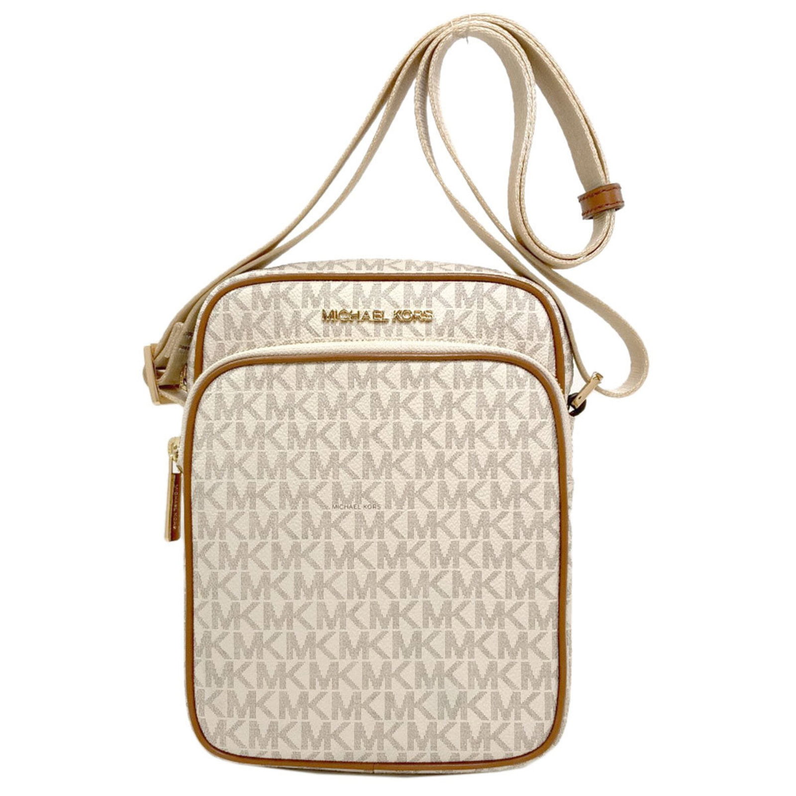 Kors Michael Pvc Shoulder Bag: Kors Michael Pvc Shoulder Bag The Michael Kors PVC shoulder bag is a stylish and compact accessory, measuring 22cm x 17cm x 6.5cm, featuring a sleek beige color and durable PVC material. This shoulder
