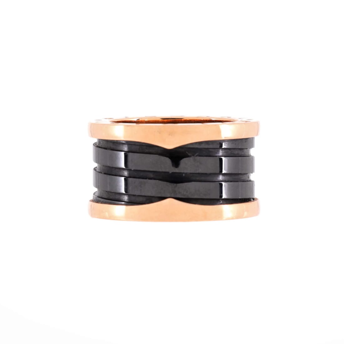 Bvlgari B.Zero1 Three Band Ring 18K Rose Gold and Ceramic: Bvlgari B.Zero1 Three Band Ring 18K Rose Gold and Ceramic The B.Zero1 Three Band Ring by Bvlgari showcases 18K rose gold and ceramic craftsmanship, blending elegance with modernity. This ring
