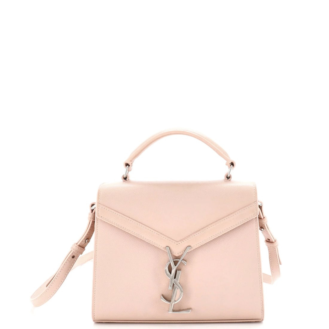 Saint Laurent Mini Leather Handle Bag Cassandra Top: Saint Laurent Mini Leather Handle Bag Cassandra Top Pink leather mini shoulder bag with silver hardware, featuring a 3" drop handle and 18-21" adjustable strap. The bag has a compact size with a