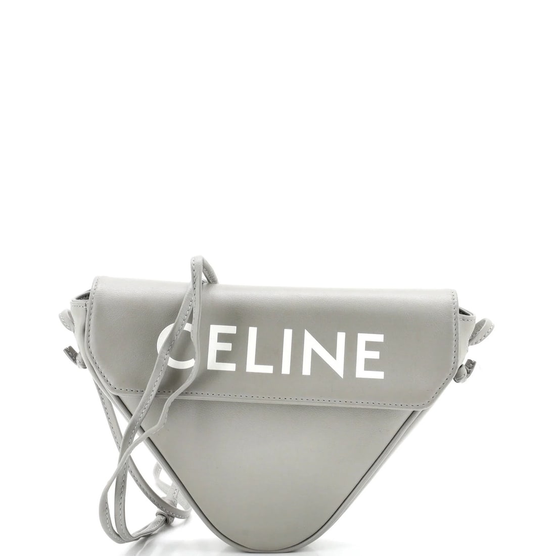 Small Leather Celine Bag Triangle: Small Leather Celine Bag Triangle Gray Celine Small Leather Triangle Bag with Classic Cross Body Design, Measuring 6" Height, 7" Width, and 2" Depth, Featuring Minor Scuffs and Creases on Exterior