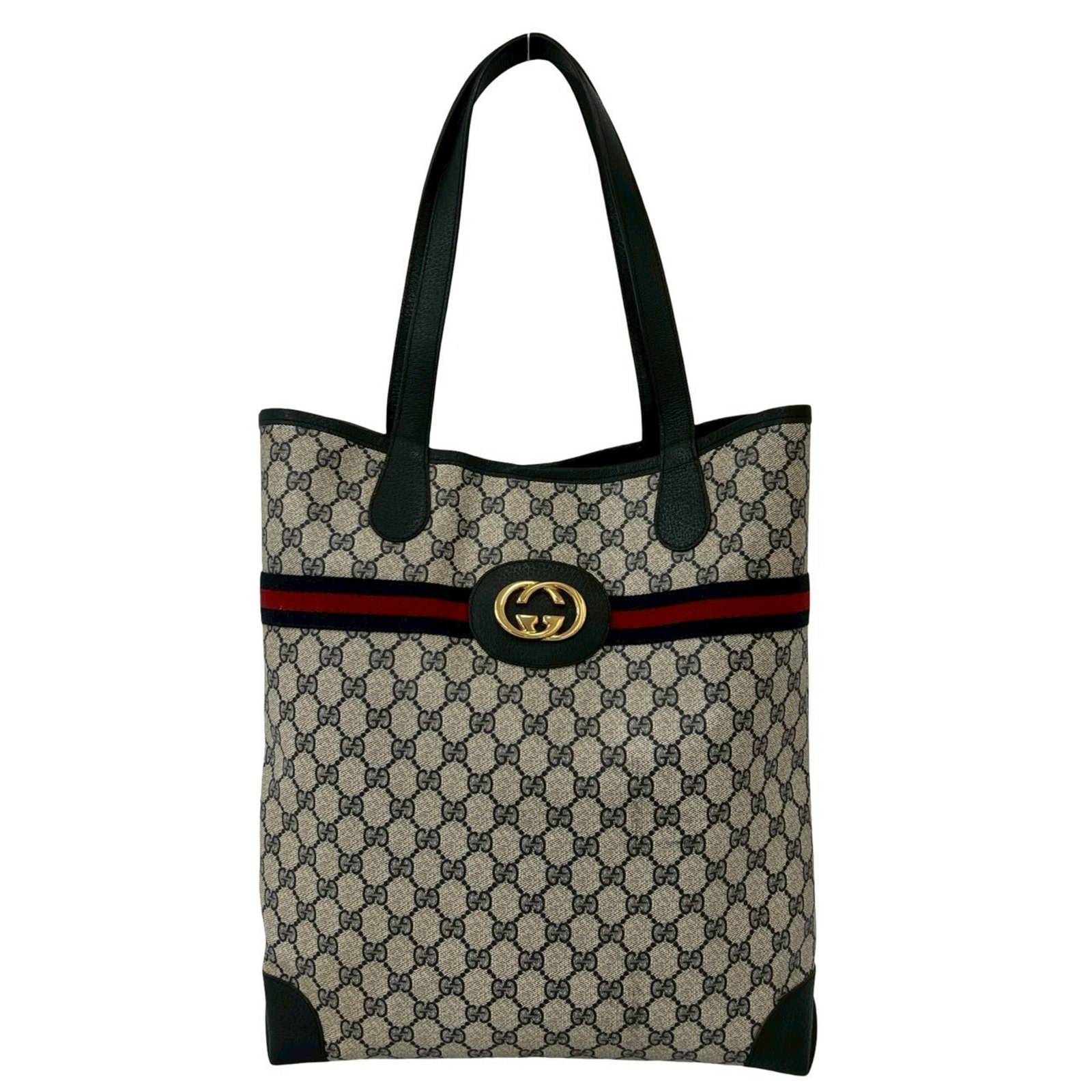 Pvc Leather Handbag Tote Bag: Pvc Leather Handbag Tote Bag Navy and red PVC leather combine in this Gucci-style handbag tote bag, measuring 38.5cm x 32cm x 9cm. The PVC leather provides a durable and water-resistant finish, while