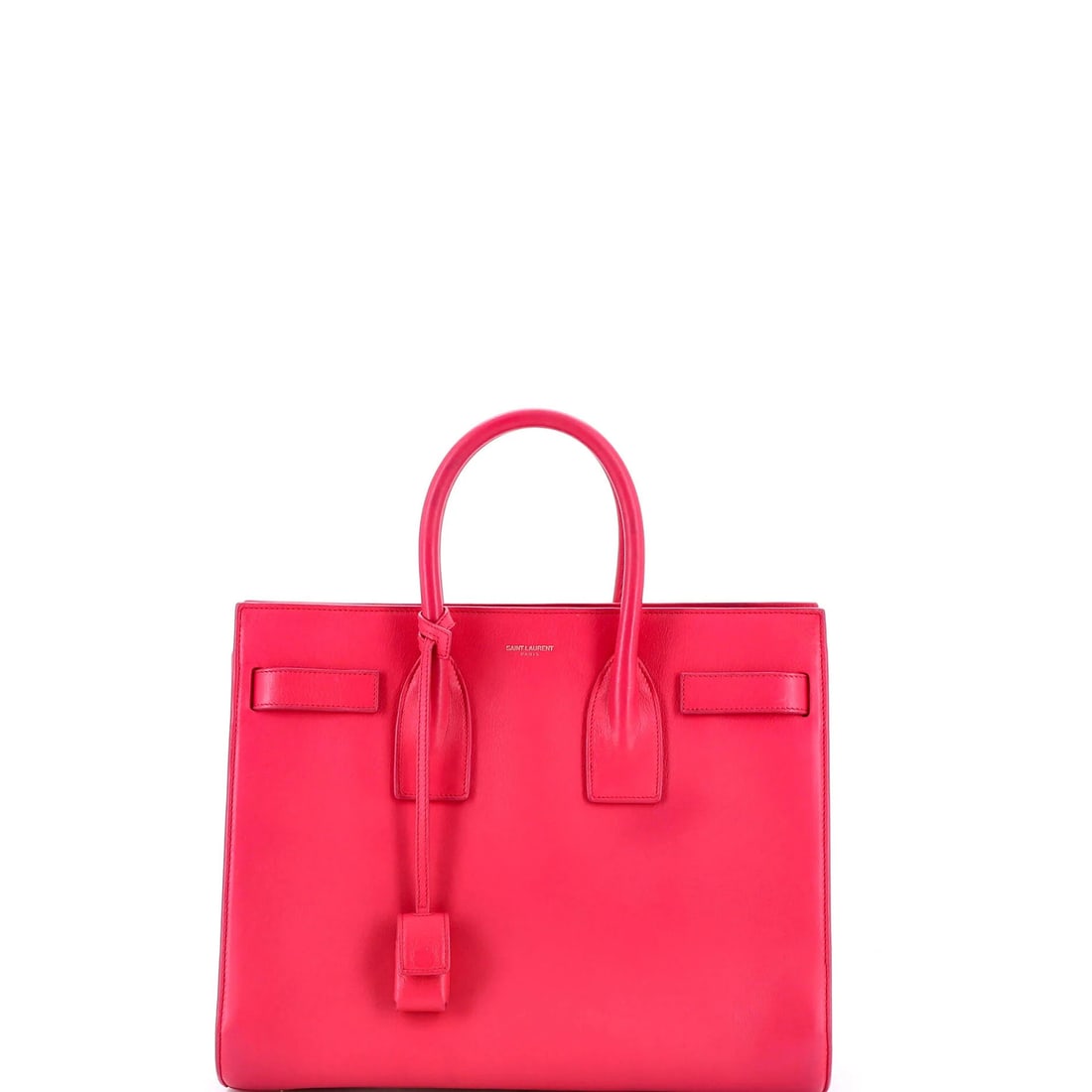 Laurent Sac de Saint Bag Leather Small: Laurent Sac de Saint Bag Leather Small The Saint Laurent Sac de Saint Bag Leather Small is a stylish and functional top handle bag with a pink exterior and black, pink interior. Measuring 10" tall,