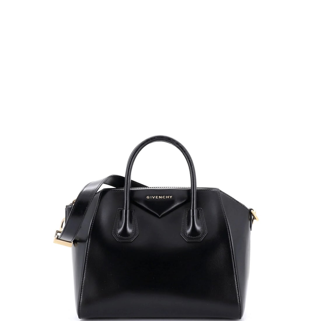 Glazed Leather Small Bag Antigona: Glazed Leather Small Bag Antigona Black Glazed Leather Small Antigona Bag with Gold Tone Hardware. This Givenchy Antigona bag features a sleek, glazed leather exterior with minor scuffs and