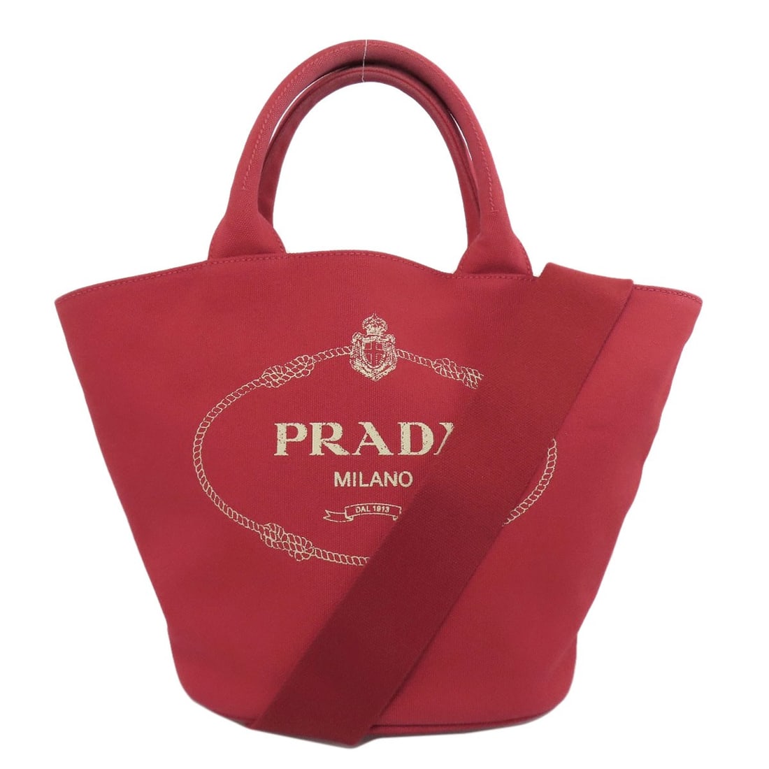 Prada Canapa Bag Canvas Bucket Tote 2Way: Prada Canapa Bag Canvas Bucket Tote 2Way Red Canvas Bucket Tote with 2Way Design. This Prada Canapa Bag features a vibrant red exterior made from canvas, with a distinctive 2Way design that adds to it