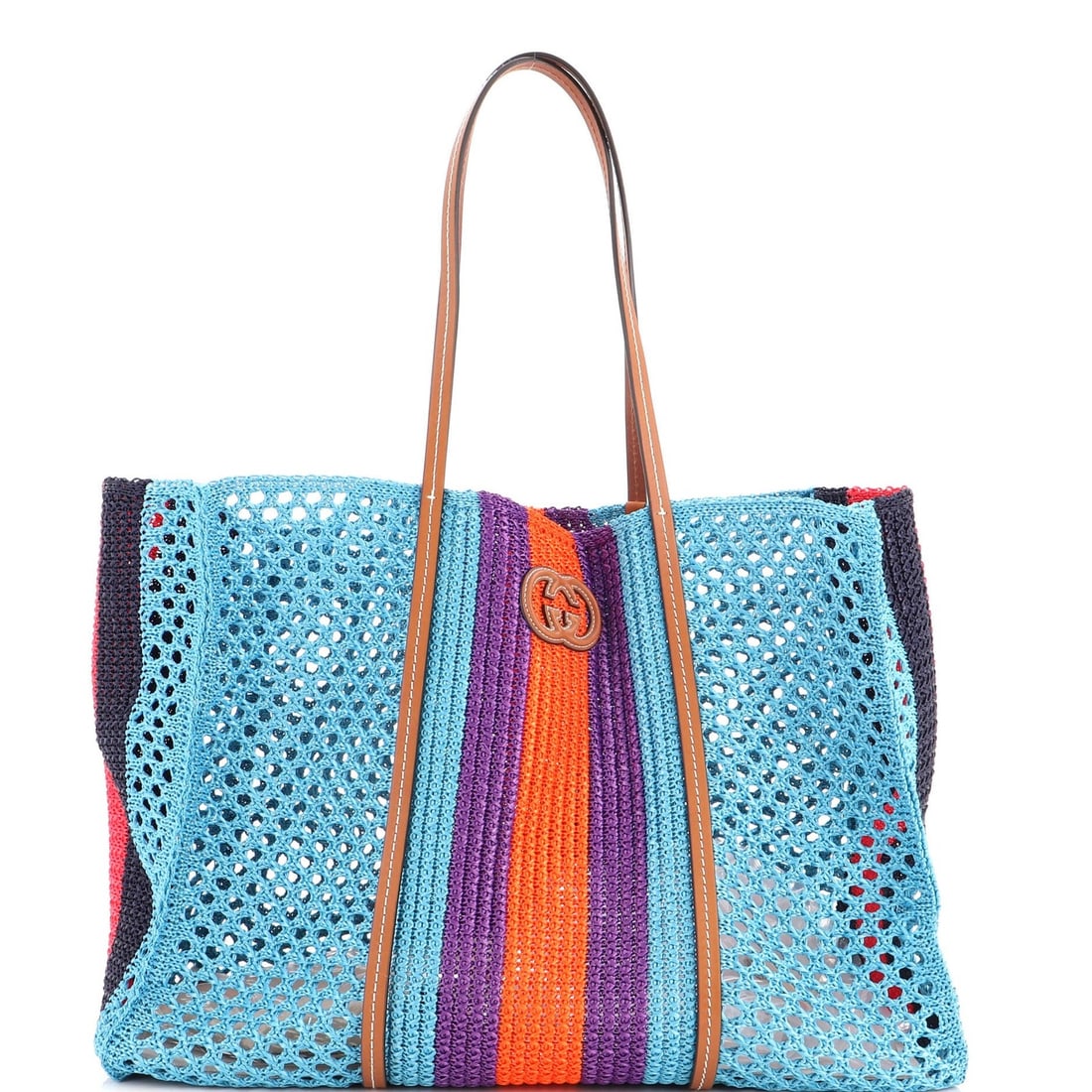 Gucci Interlocking G Web Tote Raffia Large: Gucci Interlocking G Web Tote Raffia Large This Gucci Interlocking G Web Tote Raffia Large is a stylish and spacious tote, featuring a unique raffia exterior in a vibrant blue hue. With its large