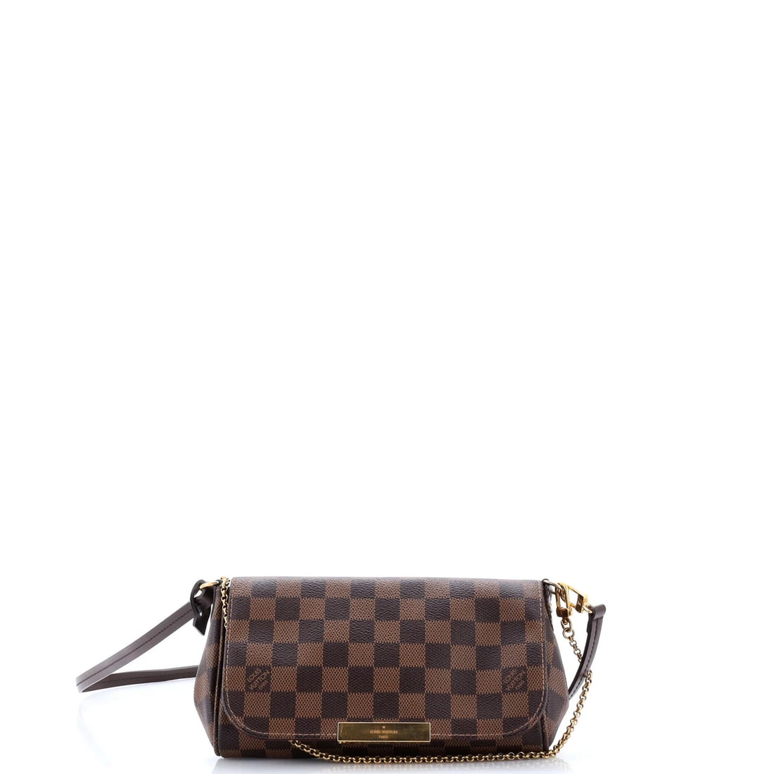 Vuitton Louis Favorite Handbag Damier PM: Vuitton Louis Favorite Handbag Damier PM The Vuitton Louis Favorite Handbag Damier PM boasts a classic Damier PM canvas design in rich brown, complemented by a sturdy gold-toned strap. With its