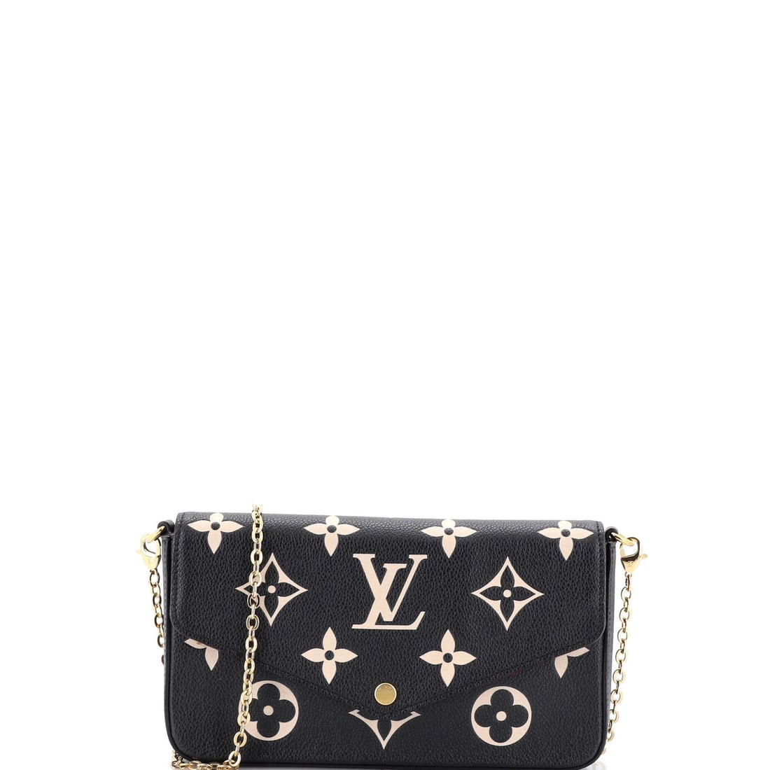 Vuitton Monogram Pochette Empreinte Bicolor Felicie Giant Louis: Vuitton Monogram Pochette Empreinte Bicolor Felicie Giant Louis Black Louis Vuitton Felicie Pochette Bicolor Monogram Empreinte Giant Cross Body Bag with Gold Hardware, featuring a classic monogram