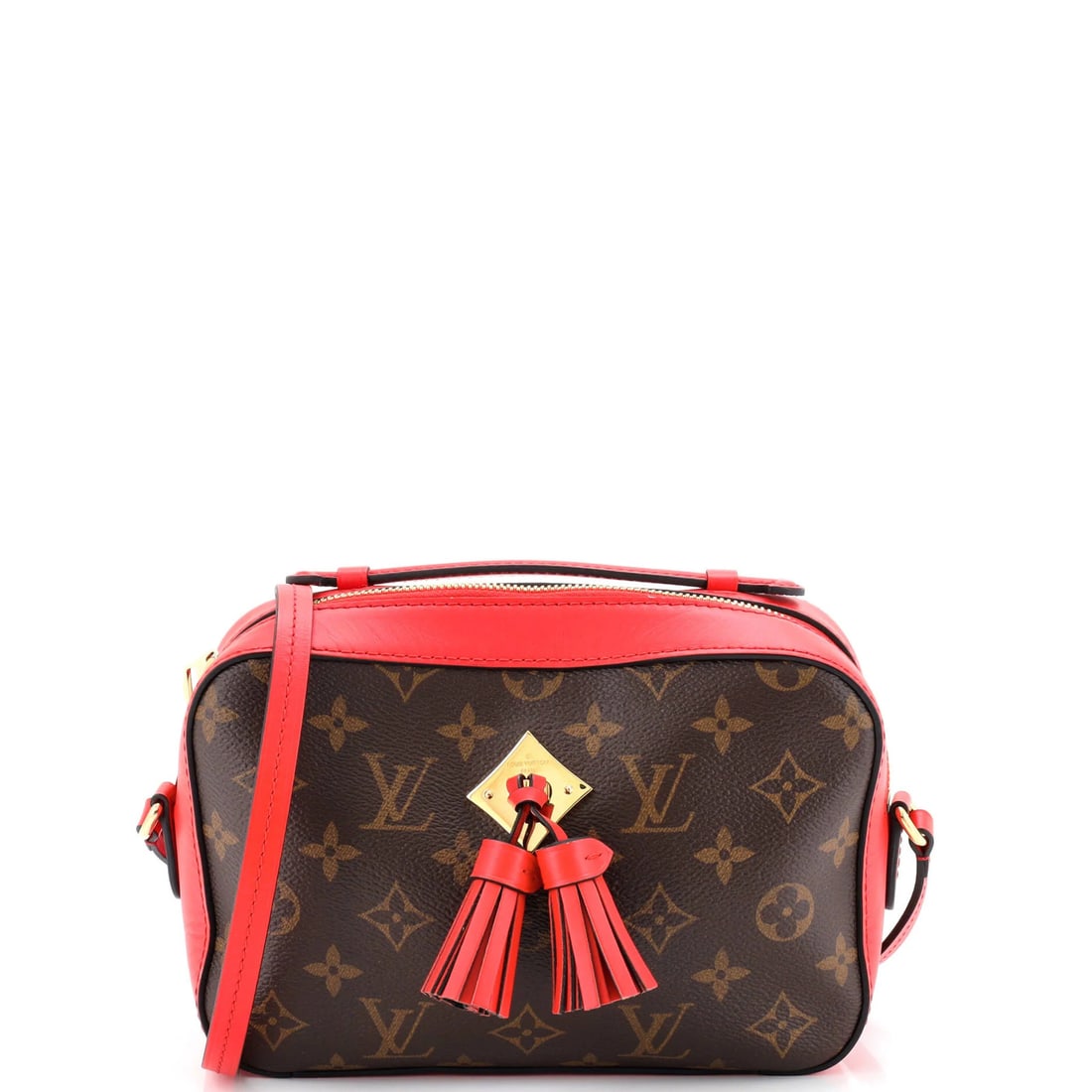 Monogram Canvas Leather Louis Vuitton Saintonge Handbag: Monogram Canvas Leather Louis Vuitton Saintonge Handbag Canvas Coated Leather Louis Vuitton Saintonge Handbag with striking red exterior and gold hardware. This cross-body bag features a classic