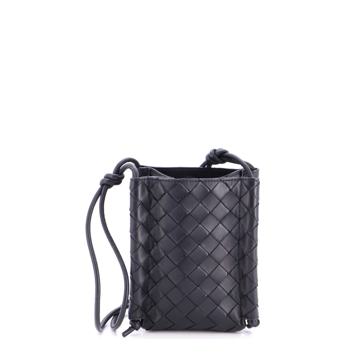 Knot Bag Mini Intrecciato Nappa Bottega: Knot Bag Mini Intrecciato Nappa Bottega Black Mini Knot Bag with Intrecciato Nappa Leather Exterior, featuring a classic cross body design and 20.5" strap drop. The bag's exterior shows minor creases