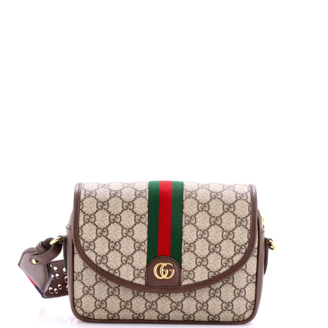 Small GG Coated Canvas Flap Ophidia Bag Gucci: Small GG Coated Canvas Flap Ophidia Bag Gucci Small GG Coated Canvas Flap Ophidia Bag Gucci in Brown, featuring a classic shoulder design with a canvas exterior and gold hardware, measures 6.5" tall,