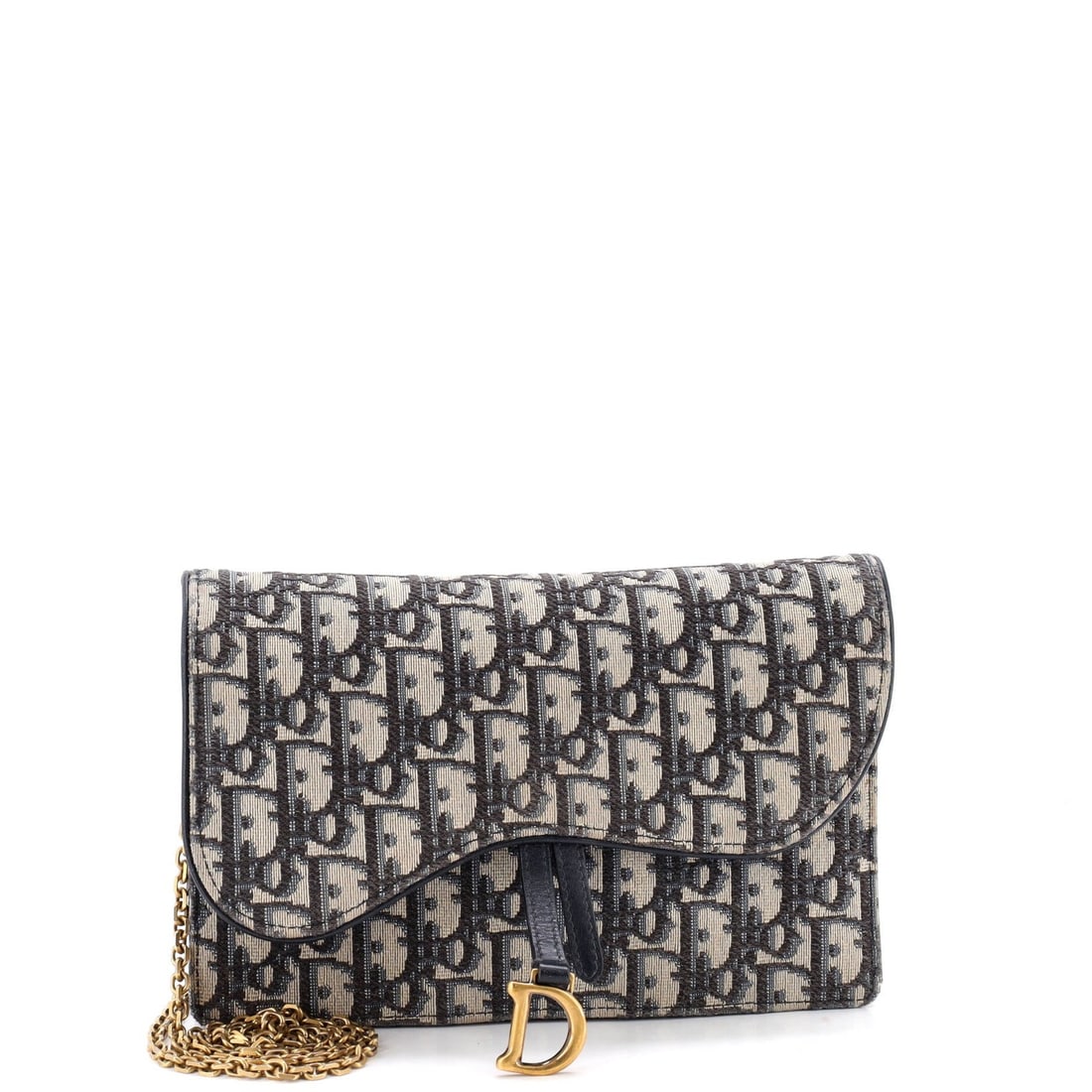 Christian Dior Saddle Chain Oblique Canvas: Christian Dior Saddle Chain Oblique Canvas The Christian Dior Saddle Chain Oblique Canvas clutch boasts a striking blue exterior with a unique oblique canvas design. This stylish clutch features a