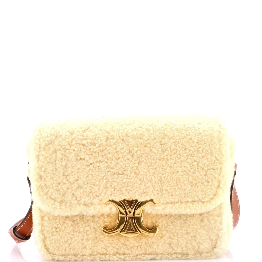 Shearling Celine Shoulder Bag Triomphe Medium: Shearling Celine Shoulder Bag Triomphe Medium Shearling Celine Shoulder Bag Triomphe Medium - A luxurious medium-sized shoulder bag with a neutral exterior and rich brown leather interior, featuring
