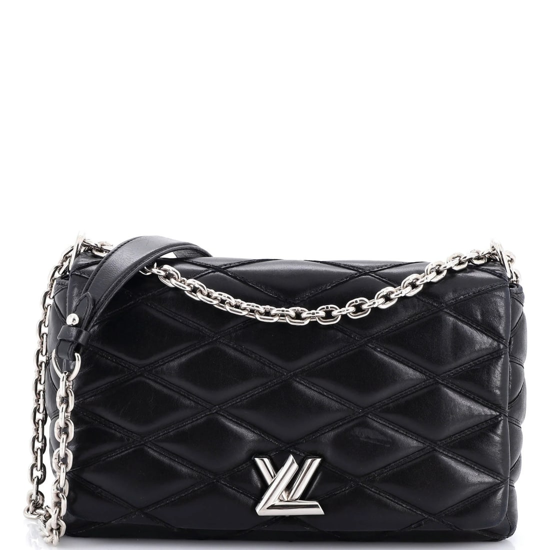 Louis Vuitton GO-14 Handbag Malletage Leather MM: Louis Vuitton GO-14 Handbag Malletage Leather MM The Louis Vuitton GO-14 Handbag in Malletage Leather MM boasts a sleek black exterior with subtle signs of wear, adding to its unique character. This