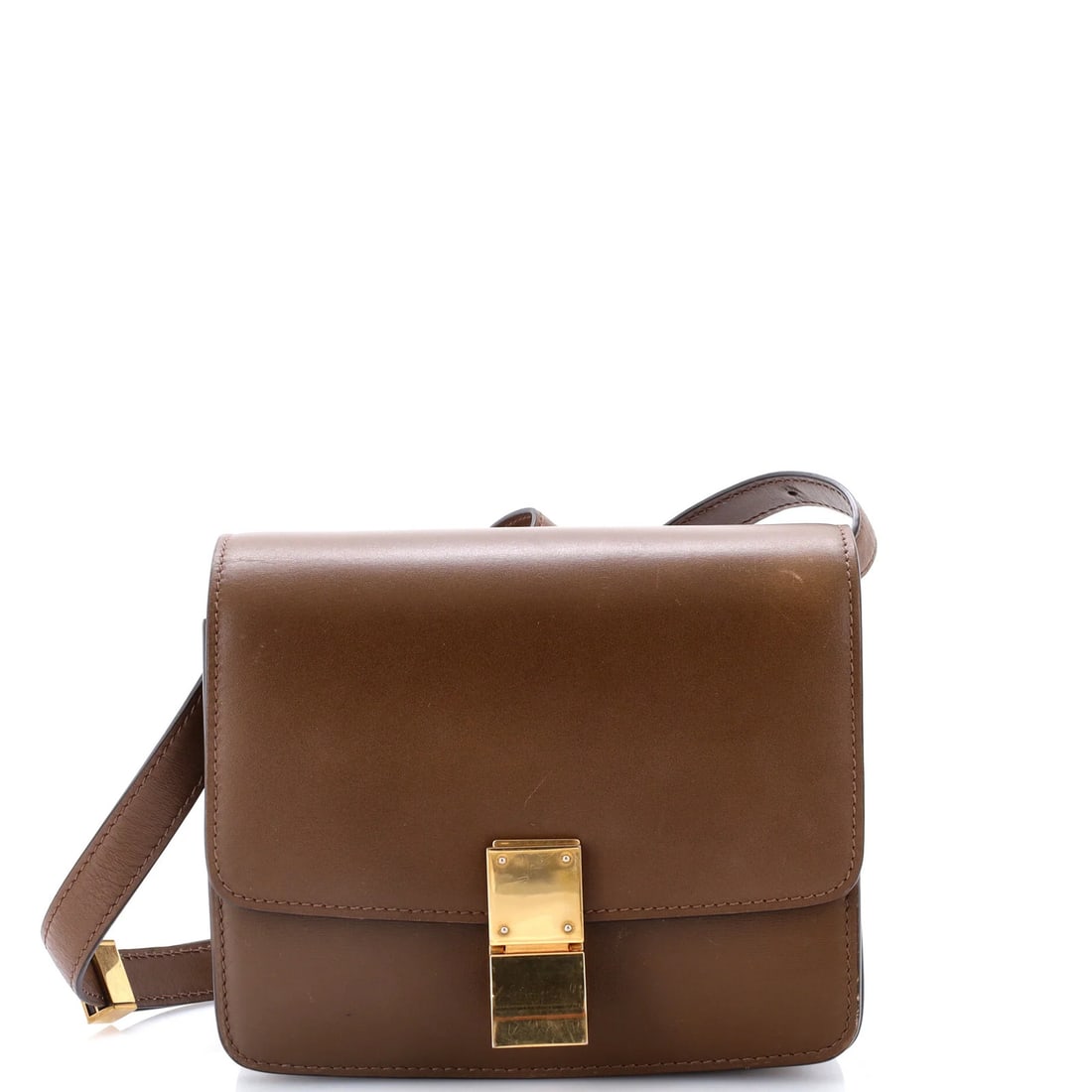 Classic leather box bag smooth small: Classic leather box bag smooth small Small, smooth leather cross body bag with a classic design, featuring brown exterior and interior, gold hardware, and a 16" strap drop. The bag measures 5" tall, 6