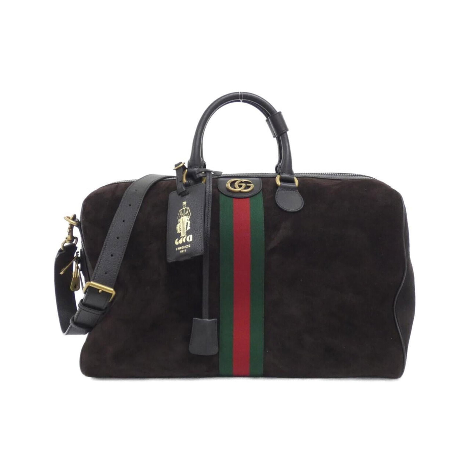 Boston Leather Suede Gucci Bag: Boston Leather Suede Gucci Bag Suede and leather come together in this Dark Brown Boston bag from Gucci, measuring 29cm x 44cm x 25cm. The bag's gold hardware adds a touch of elegance, while its Dark