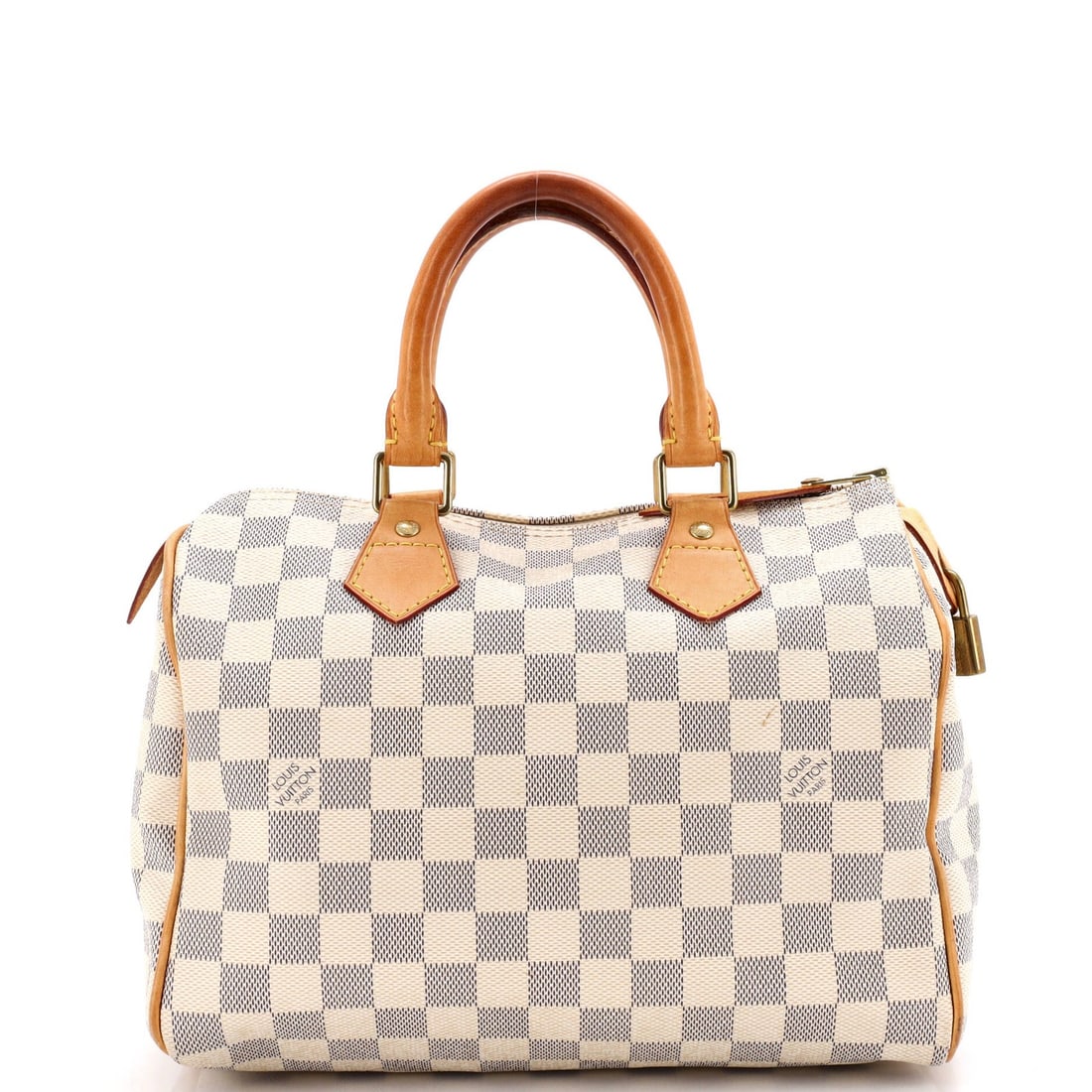 Vuitton Speedy Damier Louis Handbag 25: Vuitton Speedy Damier Louis Handbag 25 White canvas-coated Louis Vuitton Speedy Damier 25 handbag with top handle, featuring a neutral interior and gold hardware. The bag shows signs of wear,