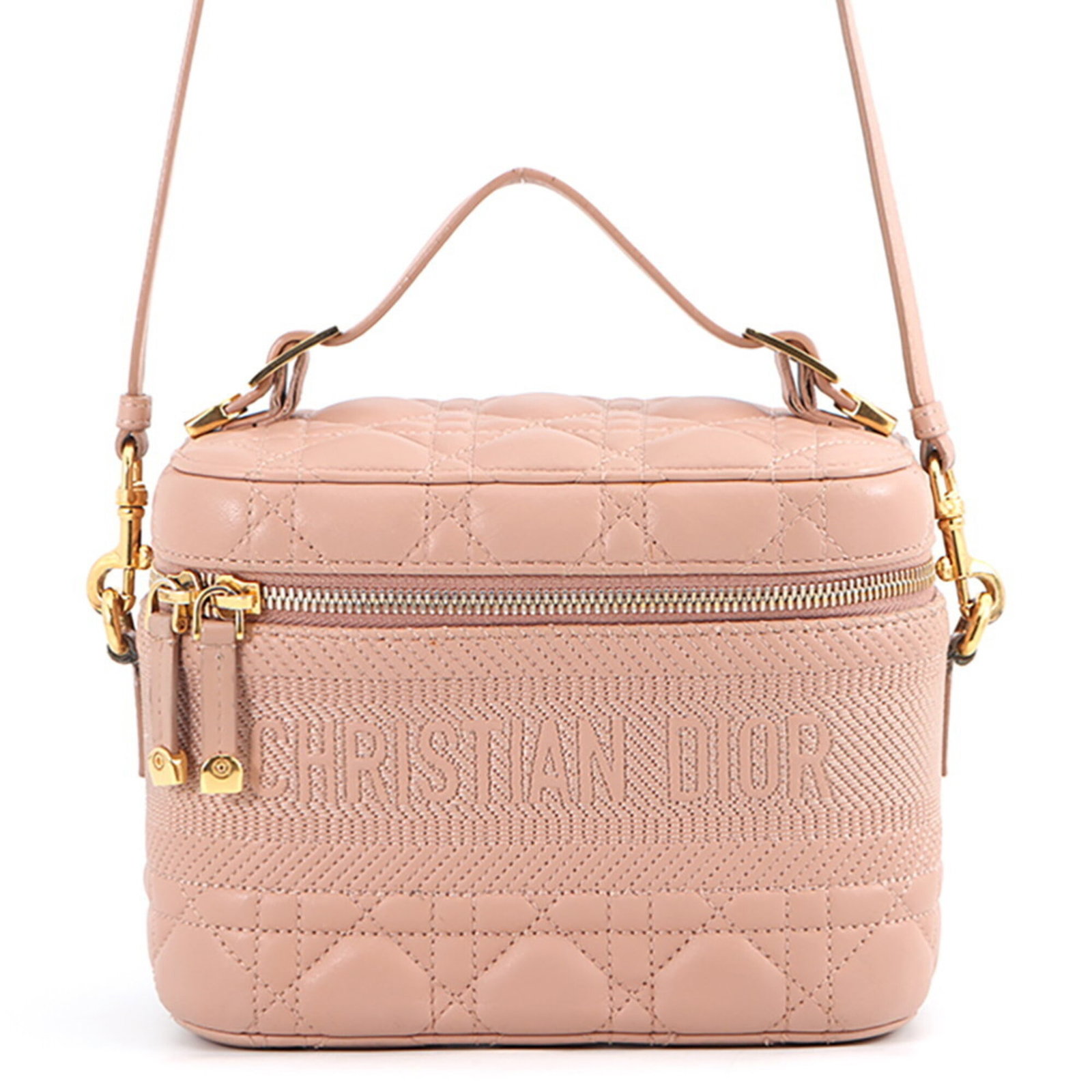 Handbag Leather Dior Vanity Christian: Handbag Leather Dior Vanity Christian Pink beige lambskin leather Dior Vanity Christian handbag with gold hardware and a zipper closure. This vanity bag features an open pocket and measures 14cm x