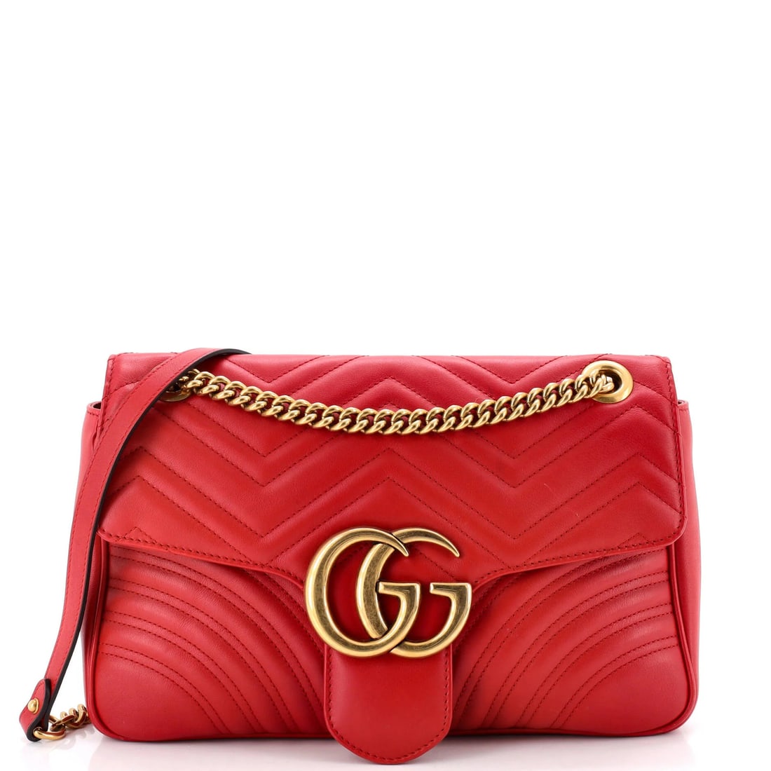Marmont Matelasse Medium Leather Bag Flap Gucci GG: Marmont Matelasse Medium Leather Bag Flap Gucci GG Red Marmont Matelasse Medium Leather Gucci GG Flap Bag with scuffs, edge wear, and minor creases on the exterior, and light odor, minor scuffs on the