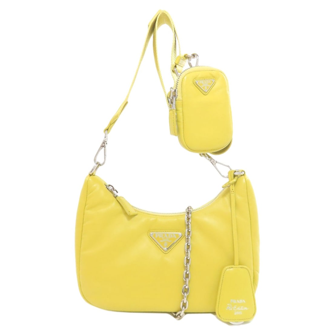 Hardware Calf Prada Logo Bag Shoulder: Hardware Calf Prada Logo Bag Shoulder Yellow PRADA Calf Leather Shoulder Bag with Signature. This shoulder bag features a bright yellow calf leather exterior and bears a signature. Made from high-qual