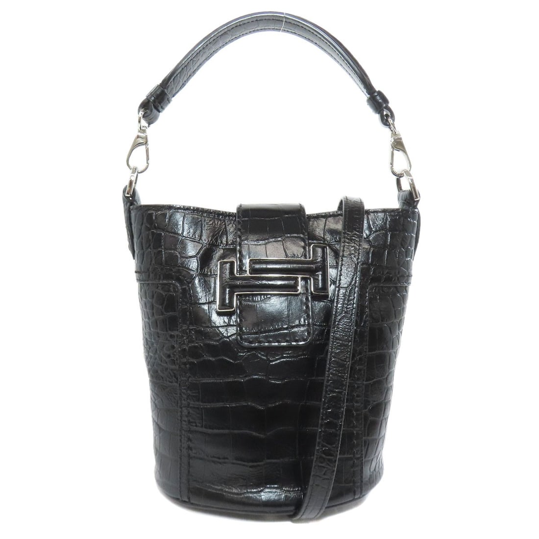 Tods Embossed Double T 2Way Handbag Leather: Tods Embossed Double T 2Way Handbag Leather Tods Embossed Double T 2Way Handbag Leather - A sleek and sophisticated black leather handbag with a striking embossed design, bearing the iconic TODS brand