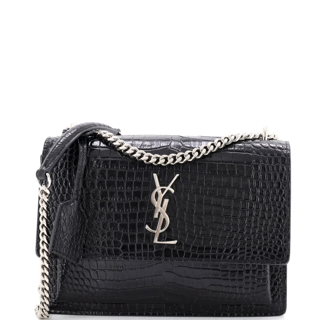 Laurent Saint Crocodile Embossed Leather Medium Crossbody Bag: Laurent Saint Crocodile Embossed Leather Medium Crossbody Bag Black crocodile embossed leather medium crossbody bag with suede interior, featuring scuffs and corner wear on the exterior and splitting