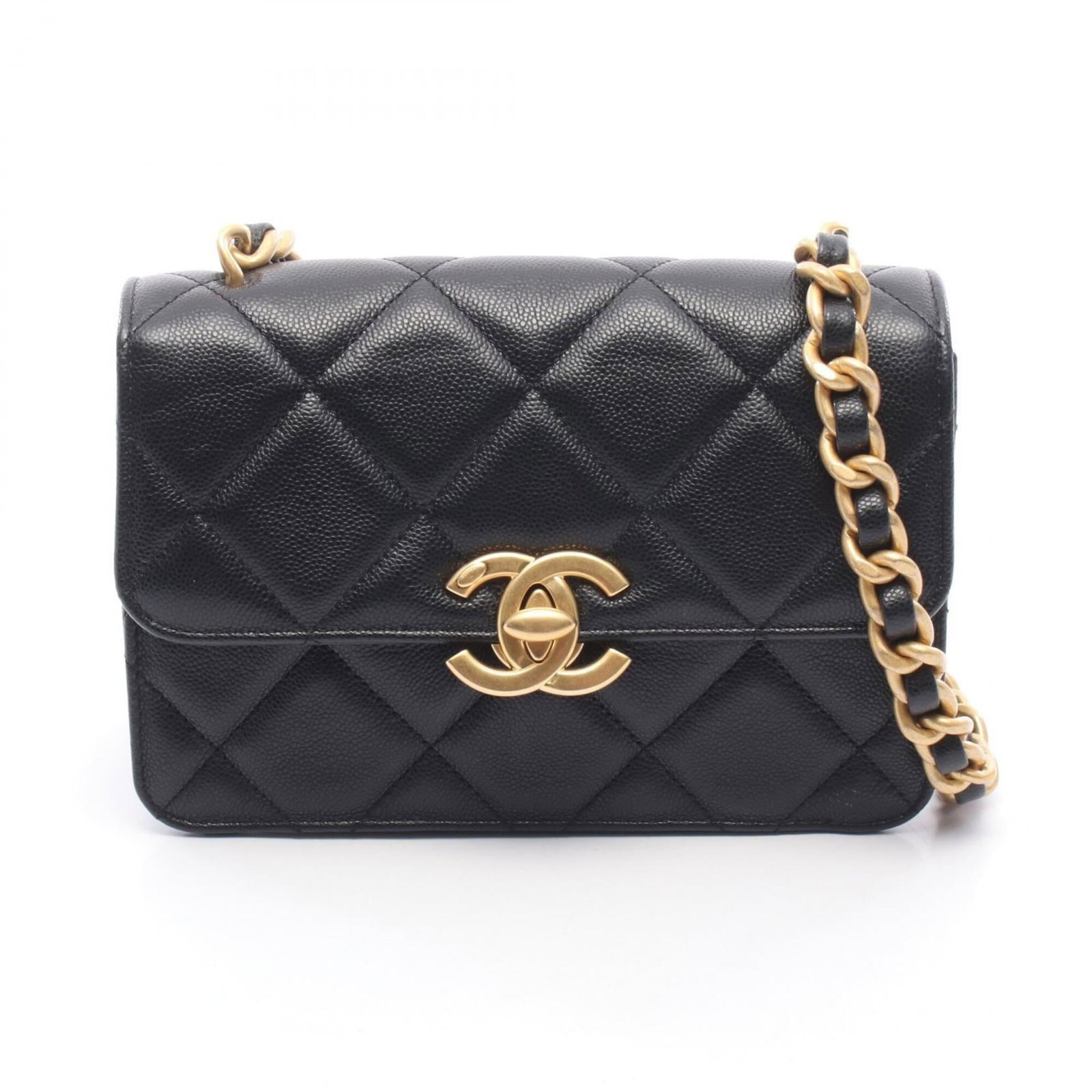 Calfskin Grained Shoulder Bag Handbag: Calfskin Grained Shoulder Bag Handbag The Matelasse Calfskin Grained Shoulder Bag boasts a sleek black finish and gold hardware, crafted from high-quality grained calfskin. Its compact size and