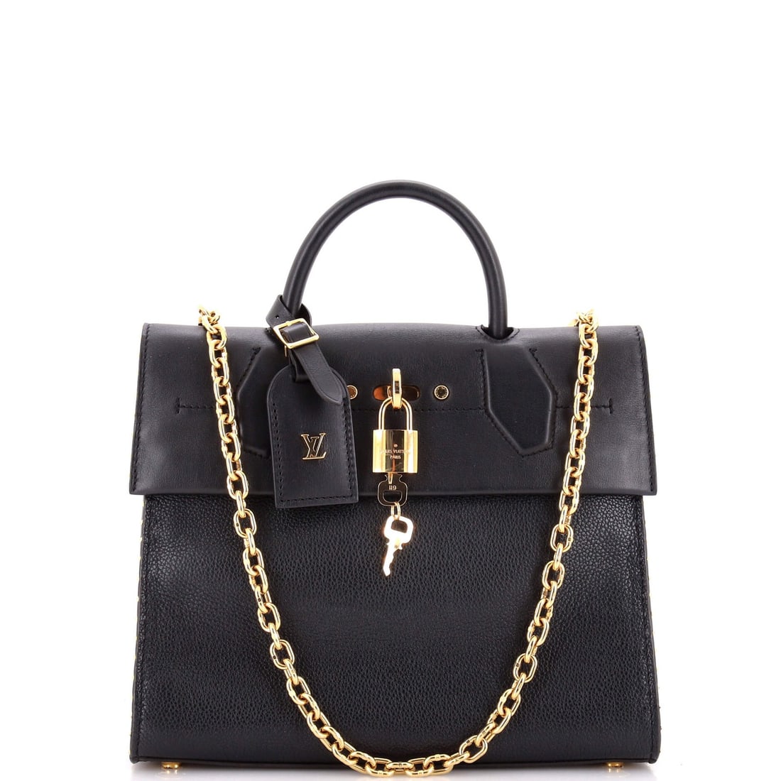 Louis Vuitton City Steamer One Handle Bag Leather: Louis Vuitton City Steamer One Handle Bag Leather Black leather Louis Vuitton City Steamer One Handle Bag with gold hardware, featuring a classic top handle design and gold keys lock with strap. The
