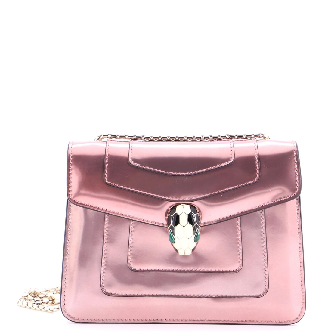 Small Square Leather Metallic Bag Forever Serpenti Bvlgari: Small Square Leather Metallic Bag Forever Serpenti Bvlgari Small Square Leather Metallic Bag Forever Serpenti Bvlgari features patent leather exterior in pink, gold tone hardware, and a black