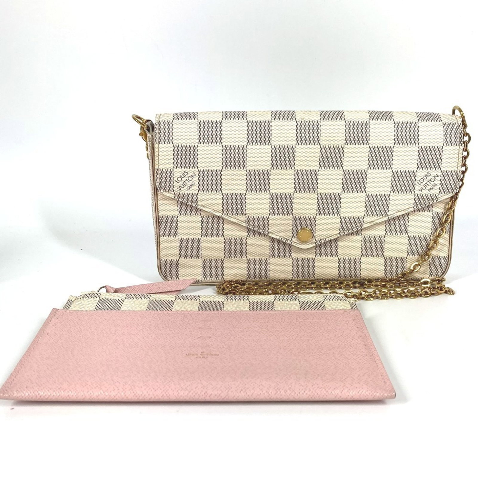 Louis Vuitton Chain/ Shoulder Wallet Damier Azur: Louis Vuitton Chain/ Shoulder Wallet Damier Azur Chain/Shoulder wallet in Damier Azur, a classic design from Louis Vuitton. Measuring 12.5cm x 21cm, this stylish accessory features the iconic Louis