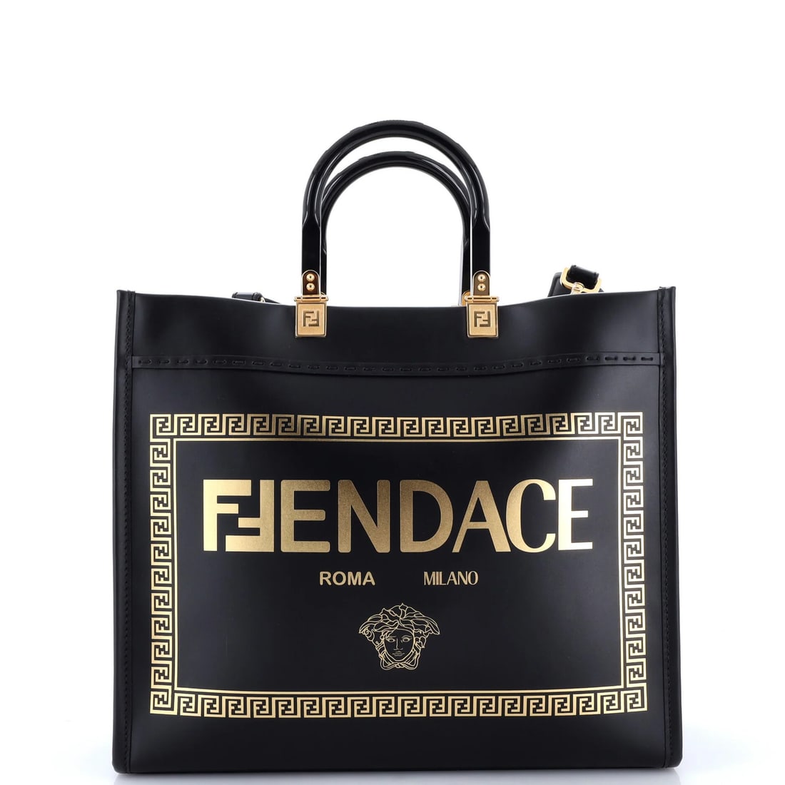 Fendi x Versace Fendace Convertible Sunshine Shopper Tote Printed Leather Medium: Fendi x Versace Fendace Convertible Sunshine Shopper Tote Printed Leather Medium Black Fendi x Versace Fendace Convertible Sunshine Shopper Tote with printed leather exterior, gold hardware, and