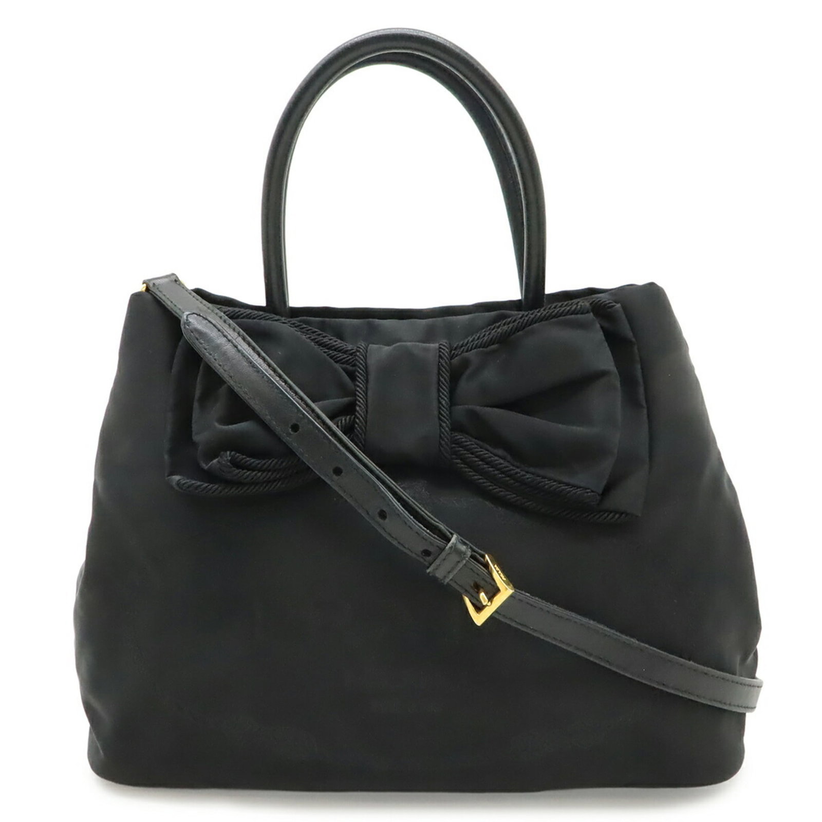 Handbag Bow Shoulder Prada: Handbag Bow Shoulder Prada Black Bow Shoulder Prada Handbag with Nero Exterior and Zipper Outer Pocket. This sleek shoulder bag features a striking bow design and a functional zipper pocket for added 