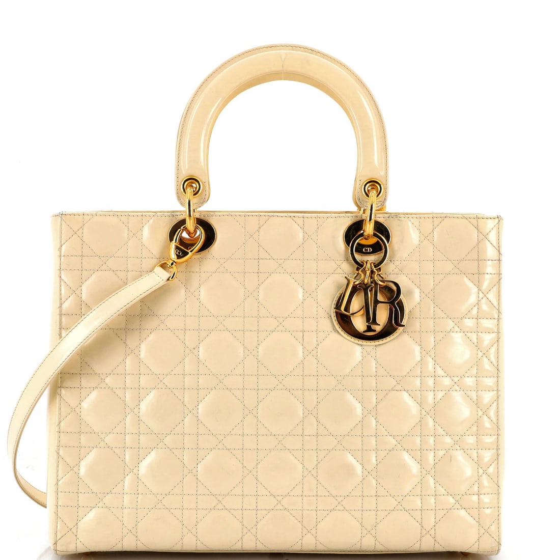 Lady Dior Bag Cannage Lambskin Large Quilt Vintage Christian Dior: Lady Dior Bag Cannage Lambskin Large Quilt Vintage Christian Dior Yellow Lady Dior Bag Cannage Quilt Lambskin Large features a vibrant yellow exterior with scuffs and corner wear, while the interior