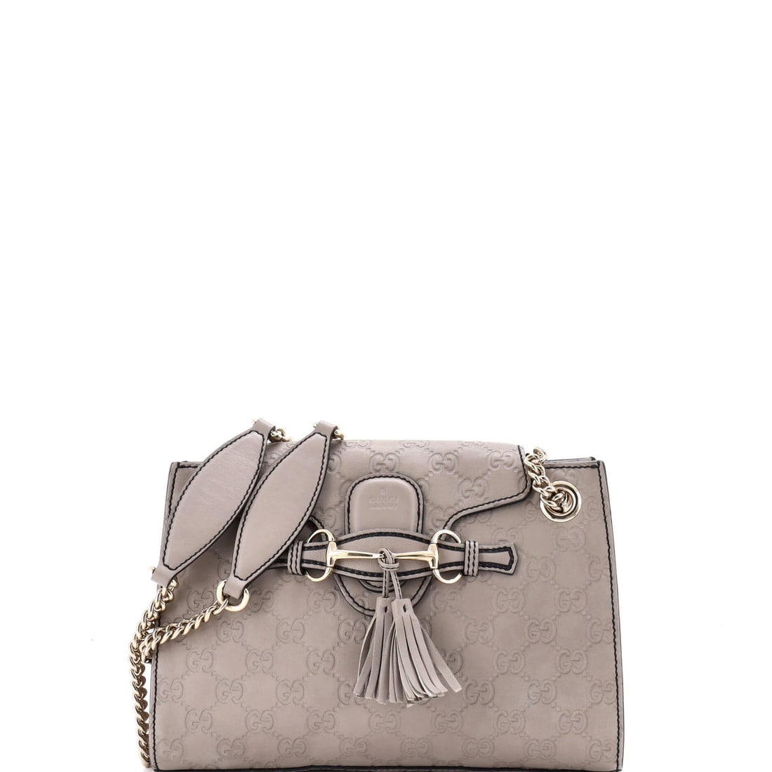 Chain Flap Bag Small Leather Emily Gucci Guccissima Shoulder: Chain Flap Bag Small Leather Emily Gucci Guccissima Shoulder The Gucci Emily Chain Flap Shoulder Bag in small size boasts a sleek gray exterior made from high-quality Guccissima leather. Featuring a