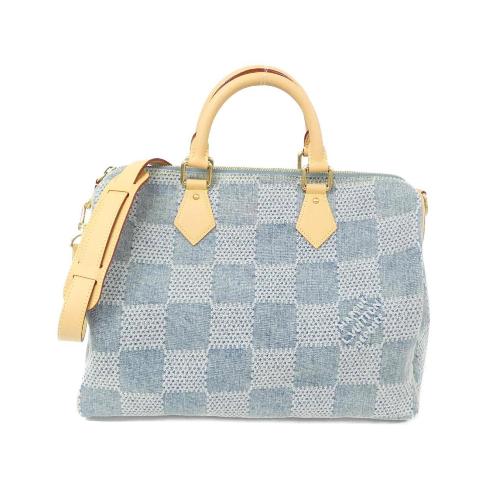 Louis Vuitton Cotton Canvas Leather: Louis Vuitton Cotton Canvas Leather Cotton Canvas Leather bag from Louis Vuitton, featuring a Damier design and calfskin leather accents, with gold hardware and a classic blue color. The bag measures 