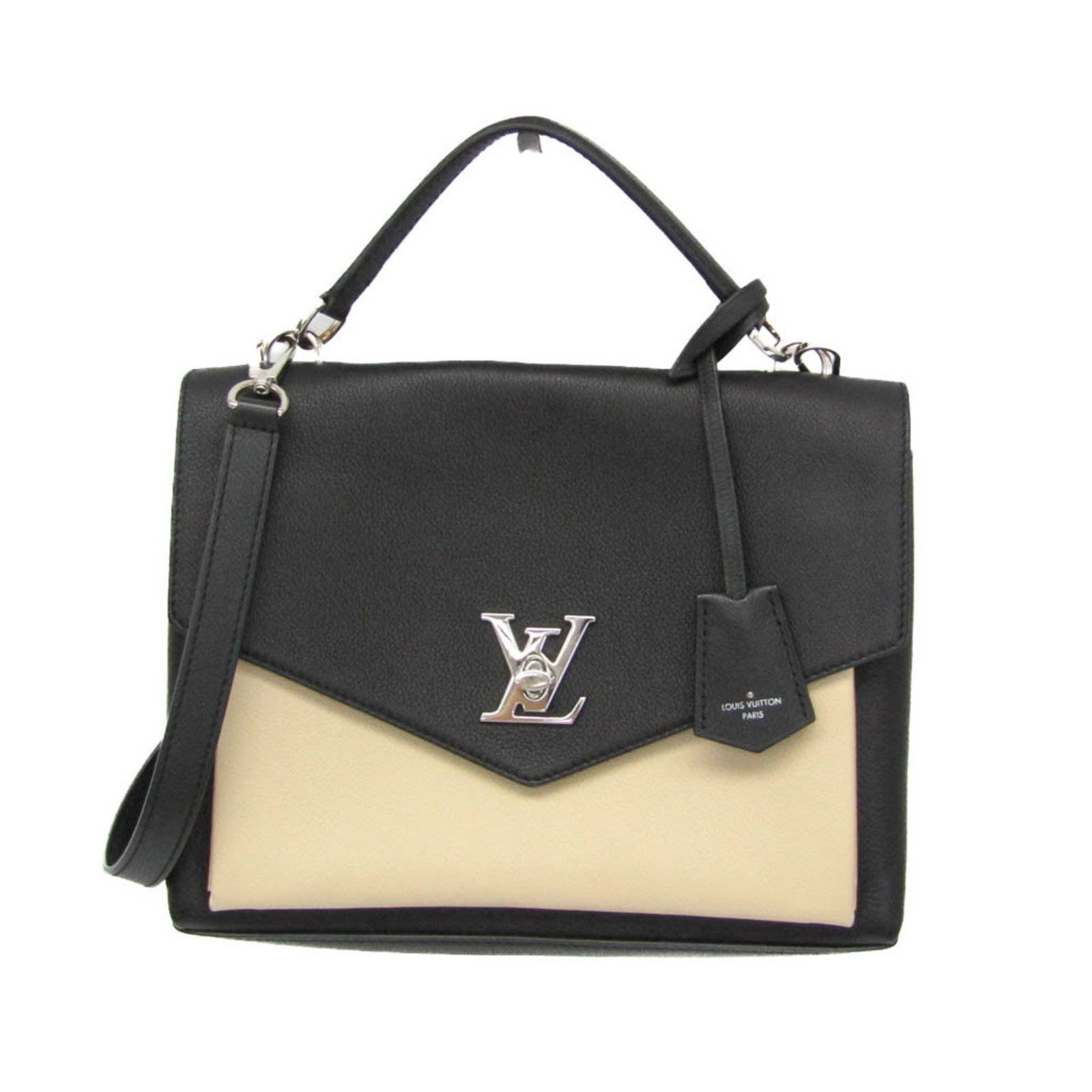 Shoulder Bag Handbag Leather Louis Vuitton: Shoulder Bag Handbag Leather Louis Vuitton Black and Cream Leather Louis Vuitton Shoulder Bag with Turn Lock Closure, Open and Zipper Pockets, and Signature. This classic shoulder bag features a