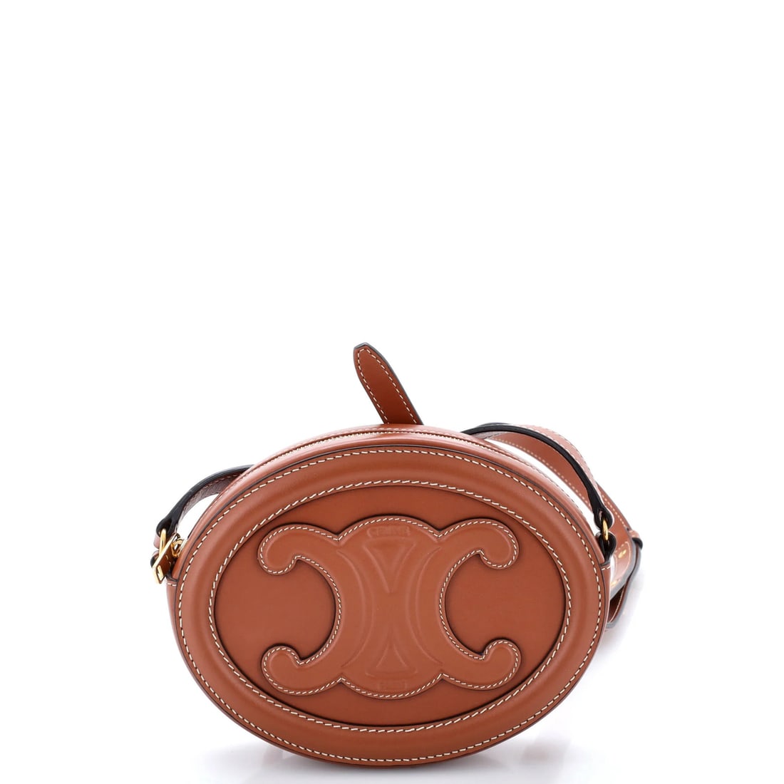 Triomphe Oval Crossbody Leather Mini Bag Celine: Triomphe Oval Crossbody Leather Mini Bag Celine Brown leather Triomphe Oval Crossbody Bag with gold hardware, featuring a classic oval shape and a sleek design. Measuring 5" height, 6" width, and 2"