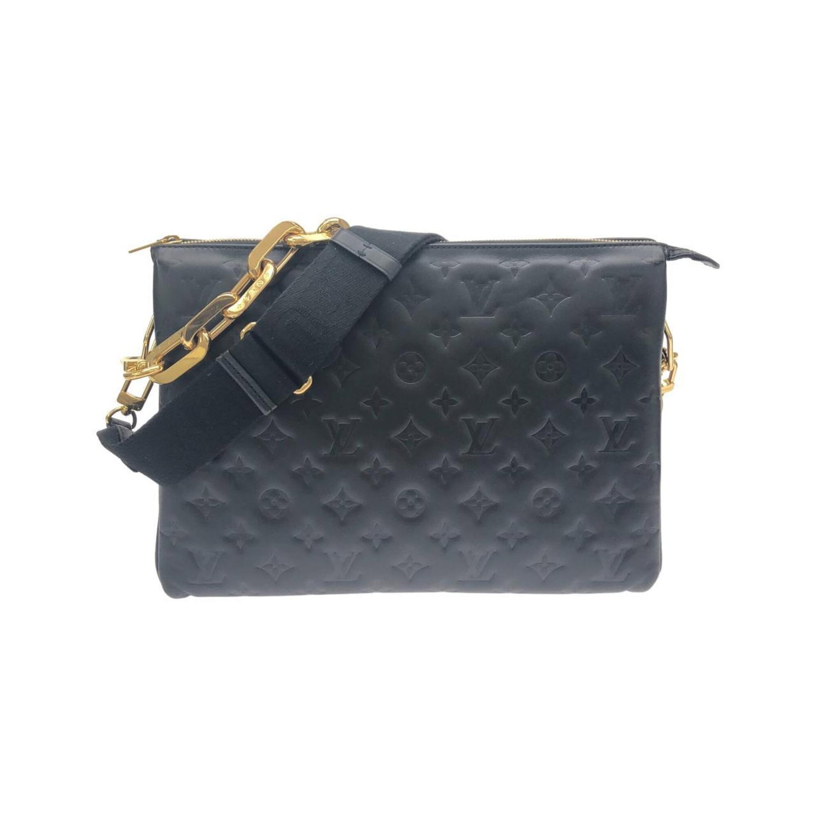Shoulder Bag Leather Louis Vuitton: Shoulder Bag Leather Louis Vuitton Black lambskin leather shoulder bag with gold hardware, measuring 24cm x 34cm x 8cm, features a classic Louis Vuitton monogram design. The bag's sturdy design and