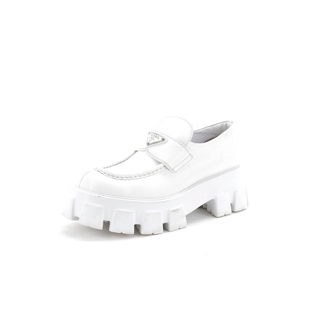 Women's Monolith Leather Loafers Prada: Women's Monolith Leather Loafers Prada White Monolith Leather Loafers from Prada, featuring a classic design with a premium leather upper and silver hardware. The shoes showcase minor imperfections, i
