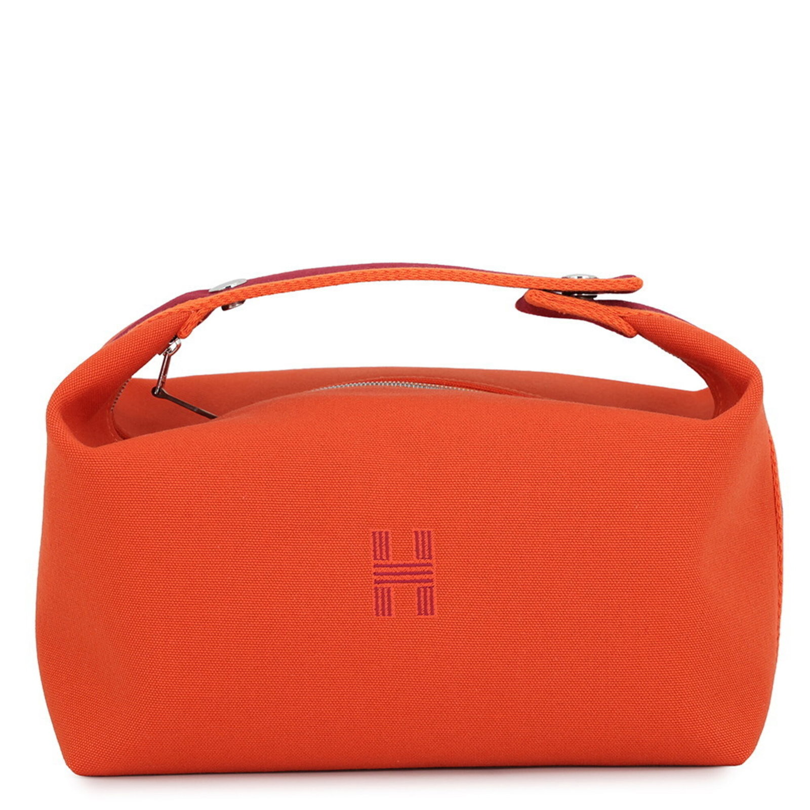 Handbag Canvas Pouch Hermes: Handbag Canvas Pouch Hermes Canvas pouch in classic Feu color, featuring silver hardware, measures 12cm x 27cm x 16cm. This canvas pouch is a stylish accessory from the Hermes Line, originating from