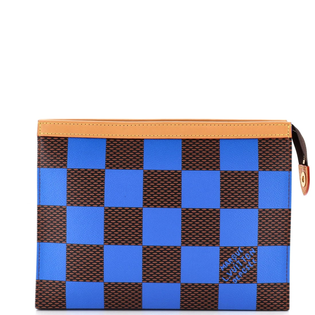 Voyage Damier Pop Pochette Louis Vuitton MM: Voyage Damier Pop Pochette Louis Vuitton MM Blue canvas coated Pochette Voyage Damier Pop MM from Louis Vuitton, featuring a classic design with minor scuffs and creases on the exterior and minor