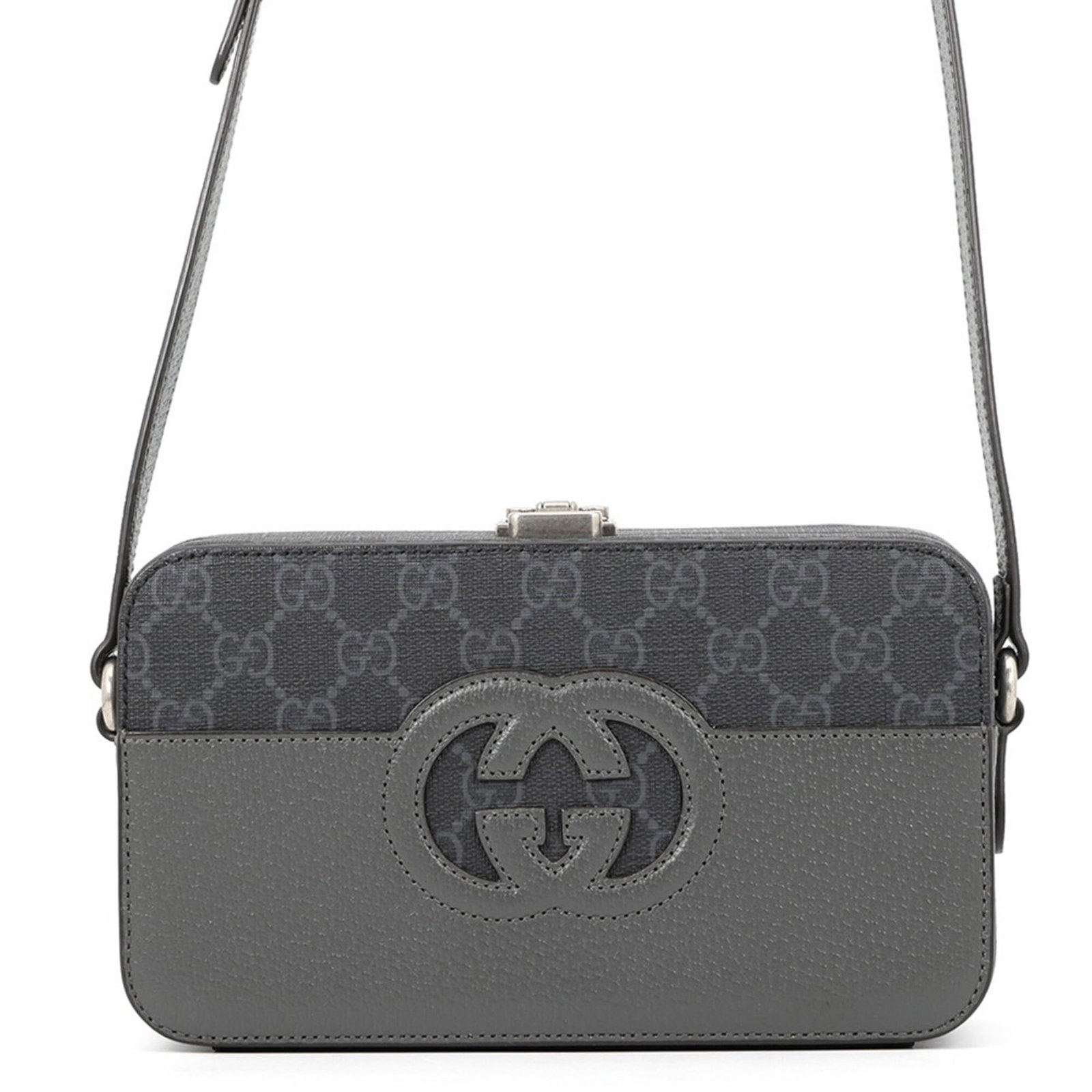 Gucci Supreme Leather Handbag Shoulder Bag: Gucci Supreme Leather Handbag Shoulder Bag Gucci Supreme Leather Handbag Shoulder Bag features a sleek black and gray GG Supreme leather design, adorned with silver hardware and a push lock closure. T